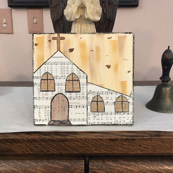 Old Rustic Little Brown Church handpainted on weathered wood, old hymnal pages, mixed media.