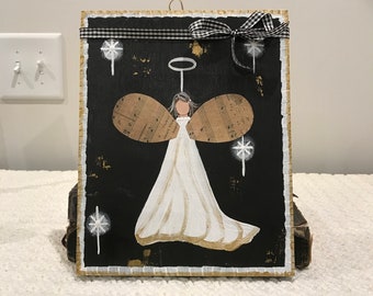 Handpainted Celestial Angel: Rustic Gold & White Decor