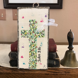 Floral Christian cross on wood, cross on whitewashed wood,, religious cross decor, Christian art, original art handpainted  cross art