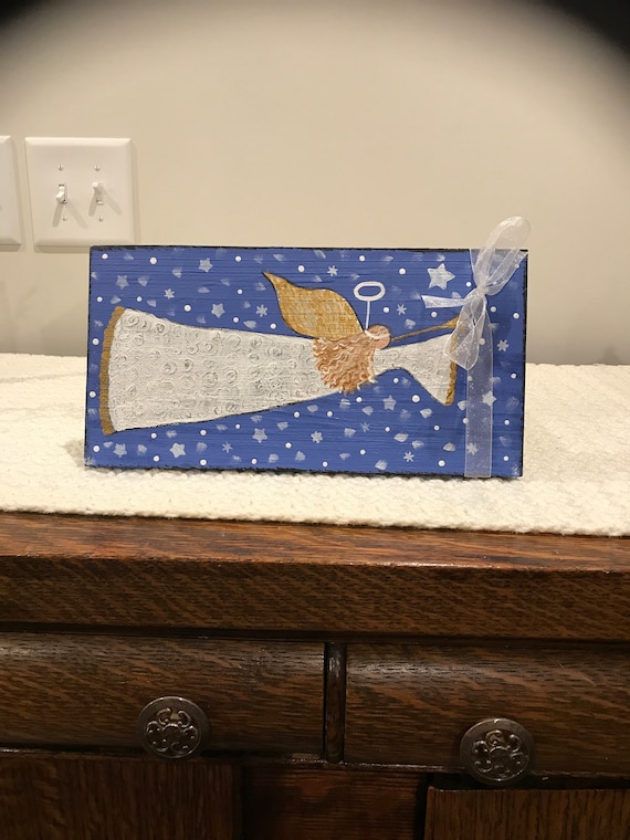 Handpainted Rustic Angel Decor: Christmas Celestial Art on Wood