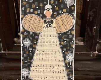 Handpainted Folk Art Angel: Rustic Hymnal Sheet Wood Decor