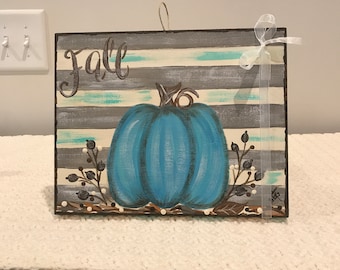 Handpainted Farmhouse Pumpkin Wood Block: Blue & Gray Fall Decor