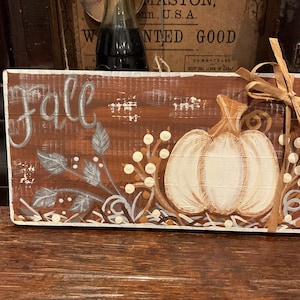Fall farmhouse pumpkin handpainted on wood, white fall pumpkin original art, fall decor, rustic fall wood sign, white pumpkin art