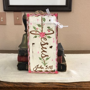 Rustic cross, Christian Jesus cross, handpainted on weathered board, John 3:16, original art on wood, religious cross