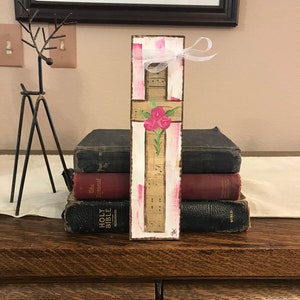 Small cross porch hanger, Handpainted rustic, mixed media Christian cross with pink florals, religious decor, Easter, rugged cross wood