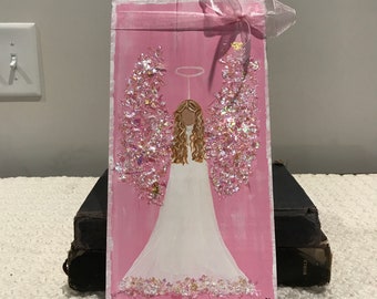 Handcrafted Angel Wood Art: Pink Glitter Wings, Nursery Decor