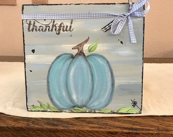 Hand Painted Blue Pumpkin Wood Block: Farmhouse Fall Decor