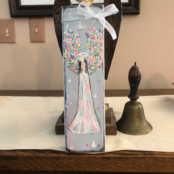 Handpainted Floral Angel Art: Salvaged Wood Spring Decor