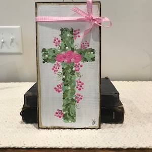 Christian floral cross, handpainted cross on wood, cross decor, cross art, Easter religious decor, original art, wood art, wood cross