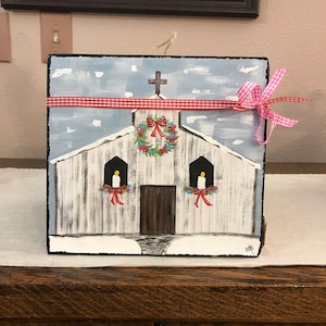 Handpainted Rustic Christmas Church: Snowy Mountain Decor