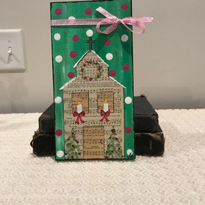 Handpainted Christmas Church Wood Block Art: Whimsical Hymnal Decor
