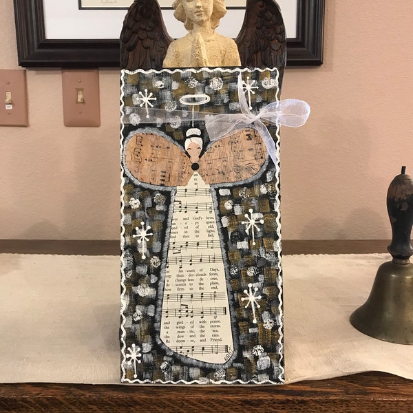 Folk art angel, handpainted angel, guardian angel, angel decor, rustic angel on wood, original art, rustic decor, hymnal sheet mixed media