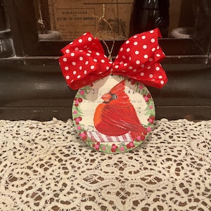 Christmas red cardinal, handpainted Christmas ornament, hymnal sheet decor, chubby red bird, Christmas tree decoration,original art, bird