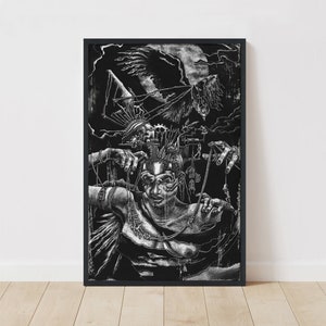 Bird Goddess. B/W Giclee fine art print, Dark Academia prints, Scratchboard womens portrait, Moody steampunk painting, Gothic bird aesthetic