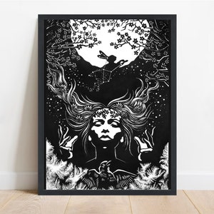 Madre naturaleza. Impresión artística en póster de Ostara, decoración del hogar en blanco y negro, pintura astrológica del cielo, retrato en cartón para raspar, conejo de primavera, luna y estrella