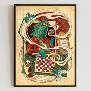 Stranger. Poster print, Iguana chessboard painting, Moody wall art, Fine art, Gothic home decor, Dark academia, Surreal lizard illustration
