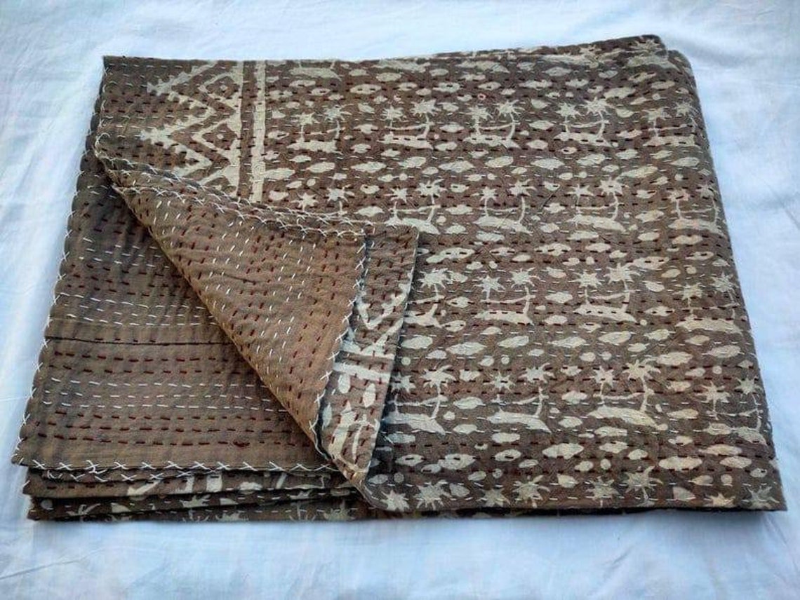 New Indian Handblock Print Brown Kantha Quilt, Kantha Blanket, Kantha