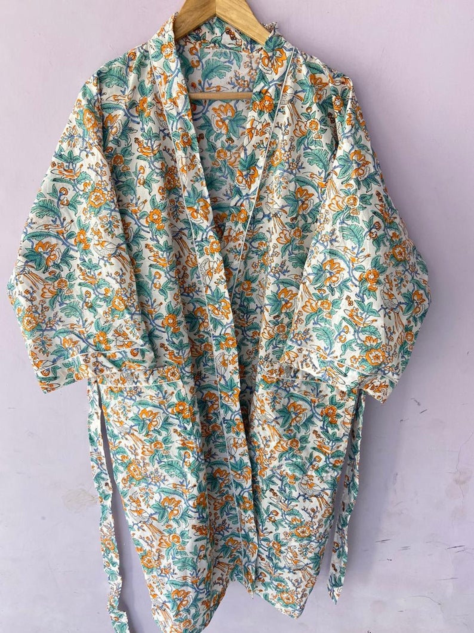 Hand Block Printed Short Bathrobe Cotton Kimono Robe Etsy.de