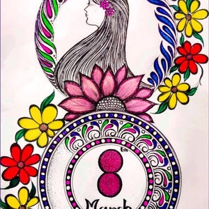 May include: A colorful illustration of a woman's profile with long hair, surrounded by flowers and a circle with the number 8 and the word "March".