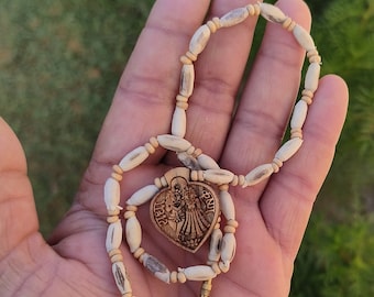 Handmade Tulsi Kanthimala: Radhe Krishna Photo Locket Necklace