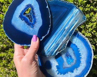 Blue Agate Geode Slice w/Stand, Geode Slice, Agate Slice, Geode Agate Slab, Dyed Agate Slice, Home Decor, Crystal Gift