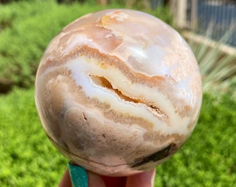 1.4lb Druzy Flower Agate Sphere w/ Stand 75mm, Polished Flower Agate, Flower Agate Sphere, Natural Flower Agate, Pink Flower Agate