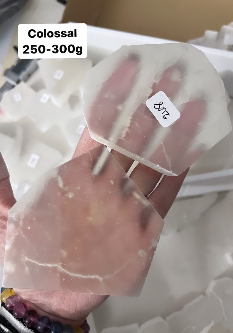 K&ouml;nnte beinhalten: Zwei gro&szlig;e, durchscheinende, wei&szlig;e Selenitplatten, die &uuml;bereinander liegen. Die obere Platte hat ein handgeschriebenes Etikett mit der Aufschrift "872". Die Platten wiegen jeweils etwa 250-300 Gramm.