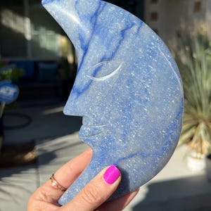 Blue Aventurine Moon Face Carving w/stand, Moon Carving, Crystal Moon, Blue Aventurine, Aventurine Moon, Moon Crystal, Polished Aventurine