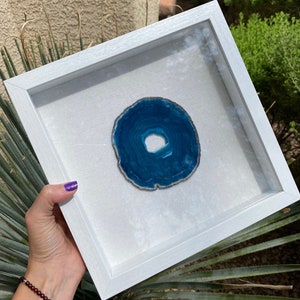 10x10 White Shadowbox Framed Blue Agate Geode Slice, Crystal Home Decor, Framed Geode Slice, Housewarming Gift, Plus FREE Pocket Stones!