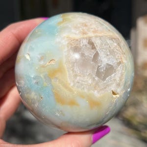 Caribbean Calcite Sphere w/stand 73mm/1.3lb, Aqua Blue Calcite, Natural Caribbean Calcite, Caribbean Calcite Sphere