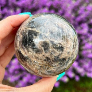 1.3lb Flashy Black Moonstone Sphere w/stand 73mm, Moonstone Sphere, Black Moonstone, Flashy Moonstone, Polished Moonstone, Moonstone Crystal