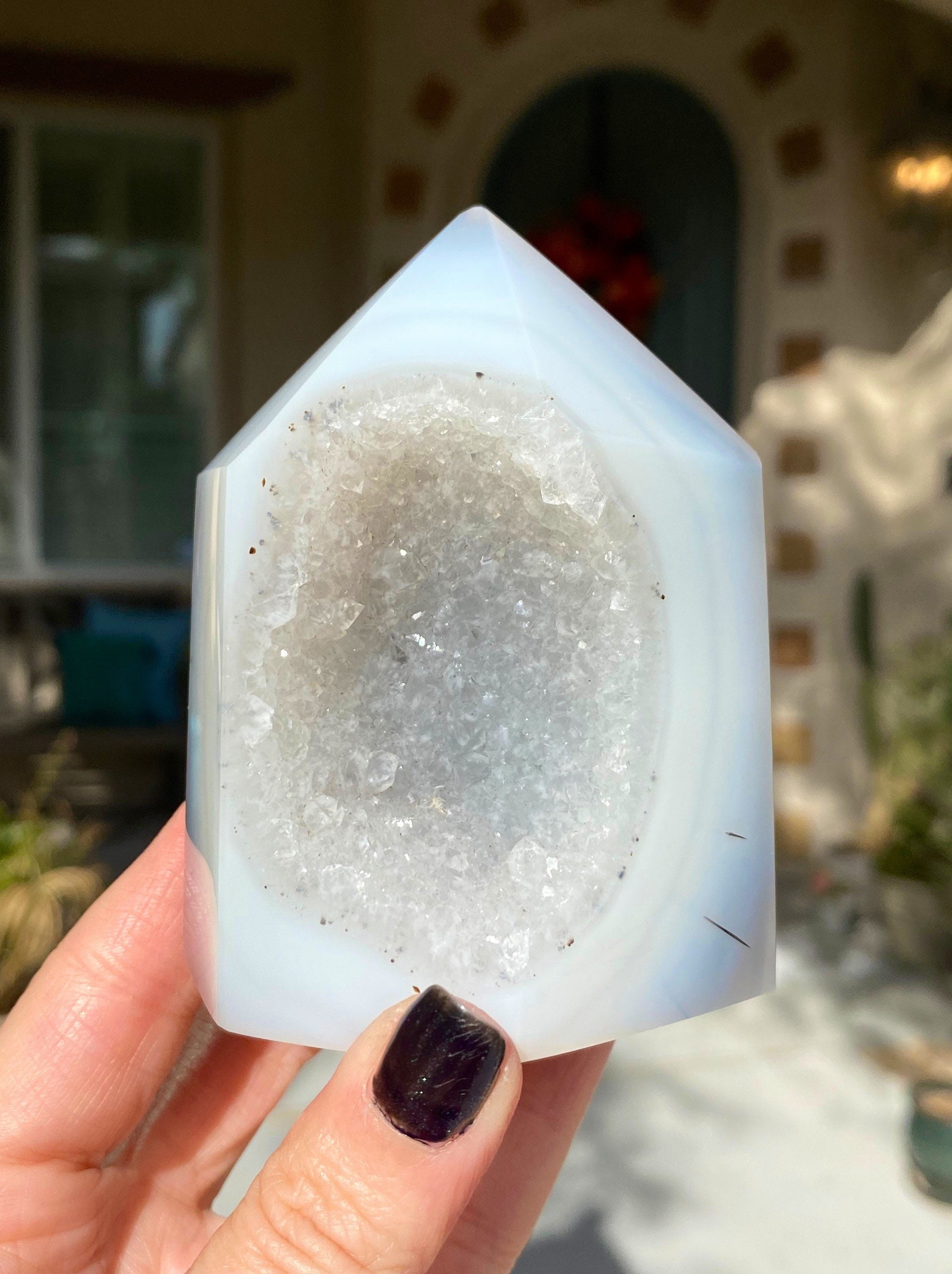 Grey Agate Druzy Tower 389G, Banded Stone, Polished Tower, Natural Crystal