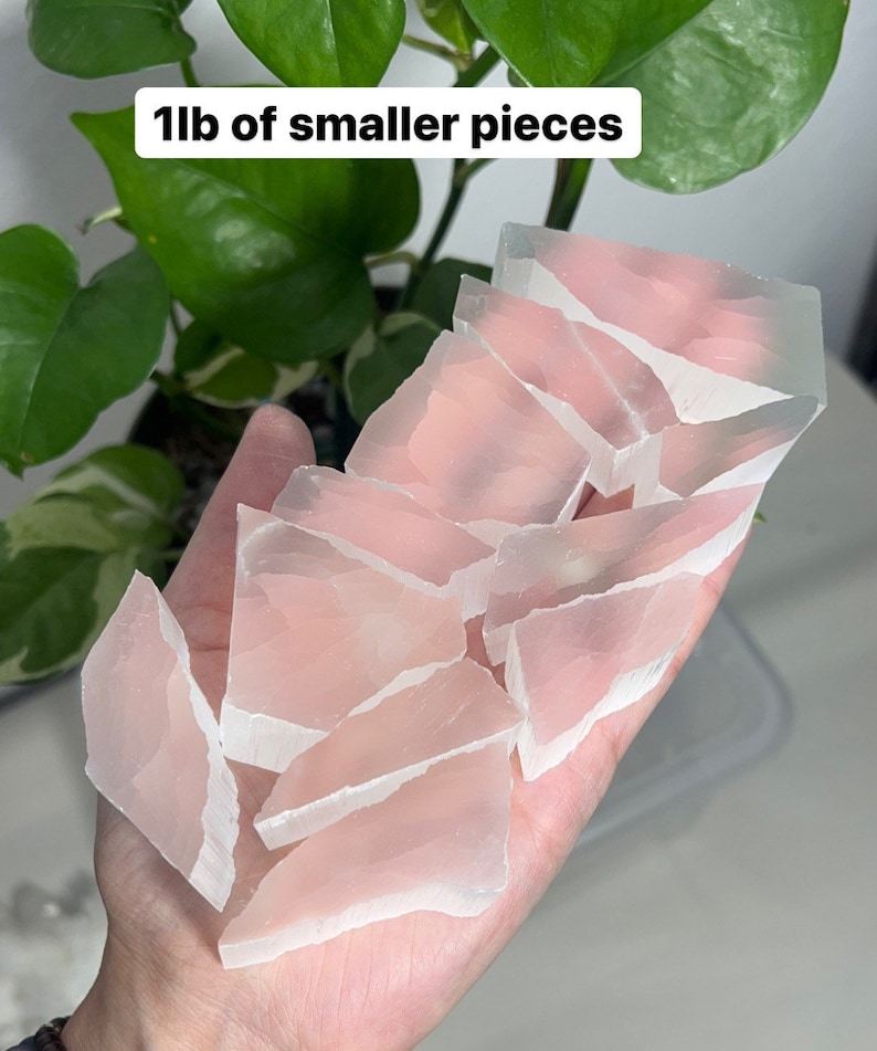 May include: A hand holding a pile of small, translucent, pink selenite crystal pieces. The pieces are irregular in shape and have a slightly cloudy appearance. The text "1lb of smaller pieces" is visible in the image.