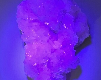 Puede incluir: Un cúmulo de pequeños cristales blancos que brillan de un color morado intenso bajo la luz UV. Los cristales están agrupados en una forma rugosa y orgánica.