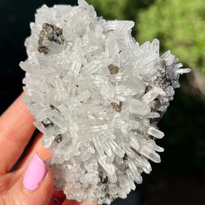 Può includere: Un gruppo di cristalli di quarzo trasparente con piccole inclusioni scure di pirite. I cristalli di quarzo sono appuntiti e raggruppati, creando un aspetto strutturato e naturale. Il colore generale è bianco traslucido con accenti metallici.