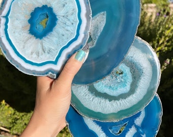 Turquoise Blue Druzy Agate Geode Slice w/Stand, Geode Slice, Teal Agate Slice, Geode Agate Slab, Dyed Agate Slice, Home Decor, Crystal Gift