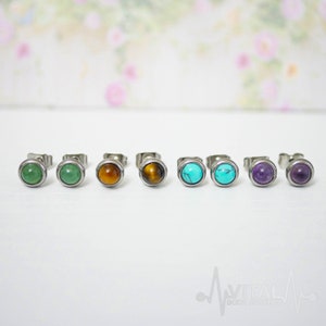 Pair of Real Precious Stone Stud Earrings- Turquoise, Amethyst, Jade and Tiger's eye