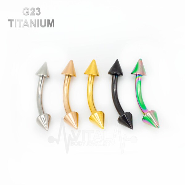 16G G23 Titanium Eyebrow Ring, Curbed Barbell with Spike Ends - Multiple Colors, Gold, Rose Gold, Black, Silver and Rainbow