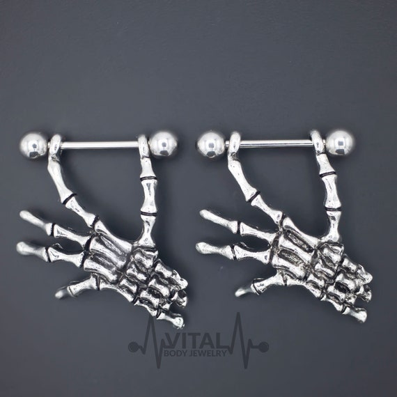14G Pair of Skeleton Hands Dangle Nipple Rings 316L Stainless