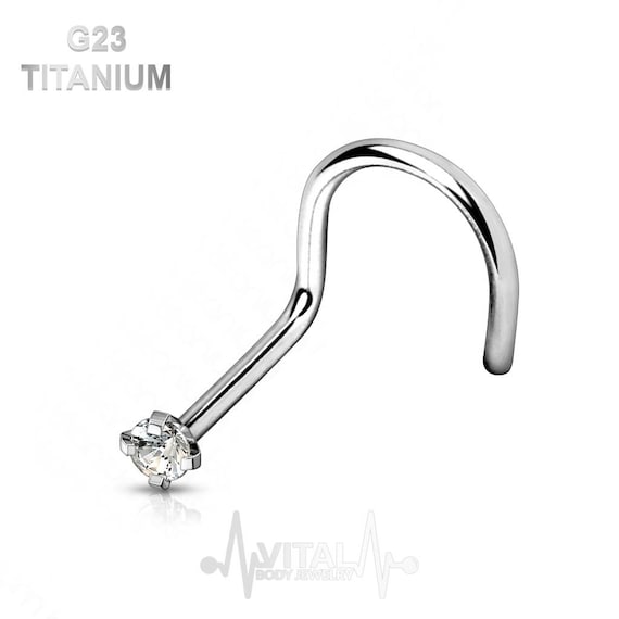 Titanium Nose Stud, 18G & 20G, Corkscrew Bend, 2mm Prong Set, Cubic  Zirconia, Clear Diamond Gem - Vital Body Jewelry