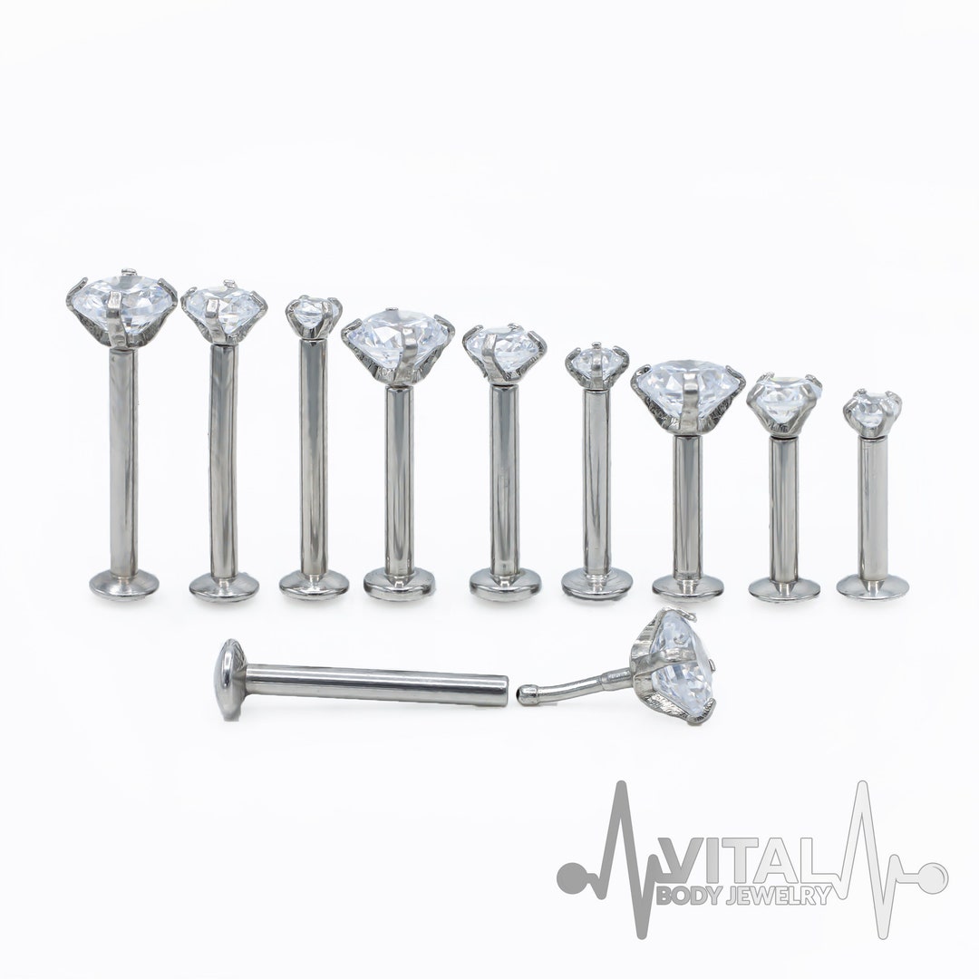 16G Threadless Push Pin Labret Stud Cubic Zirconia Prong Set Etsy