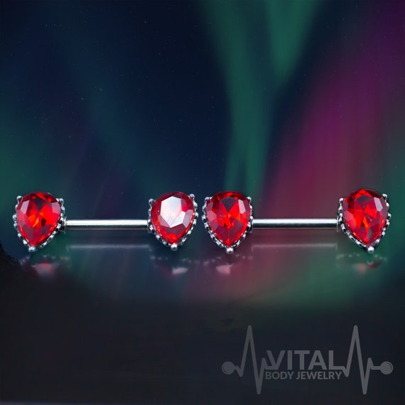 Pair of Red Nipple Bars Aurora Borealis Affect Nipple Rings 14G