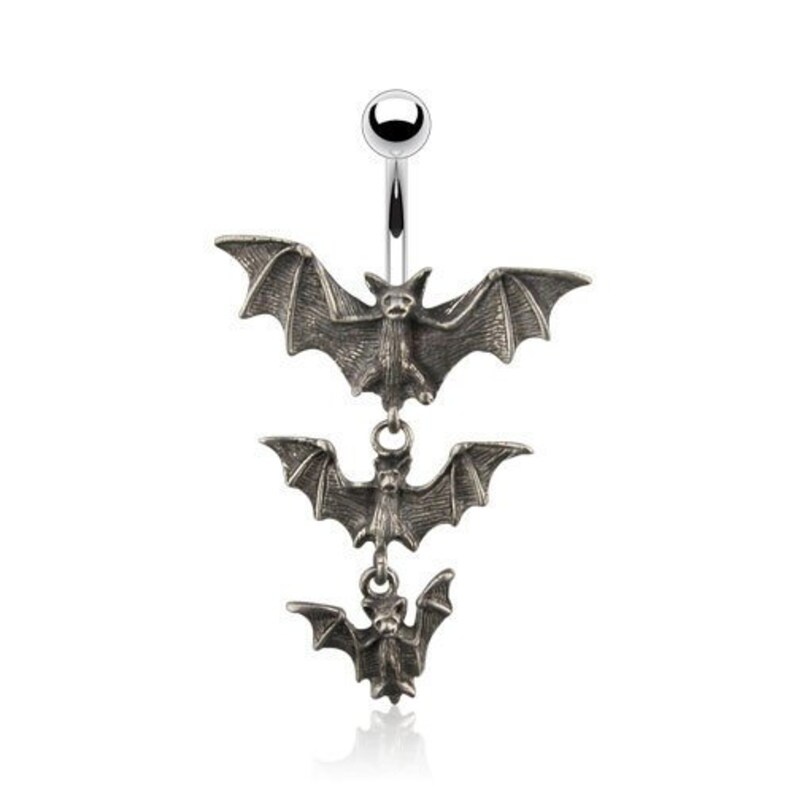 Stainless Steel • Navel Belly Ring, Gothic, Triple Vampire Bats, Dangle, 14G, Externally Threaded • Vital Body Jewelry 