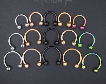 16G Septum Ring, Horseshoe, Curved Barbell, Circular Bent with Balls Ends in Gold, Rainbow, Rose Gold, Black and Silver Colors