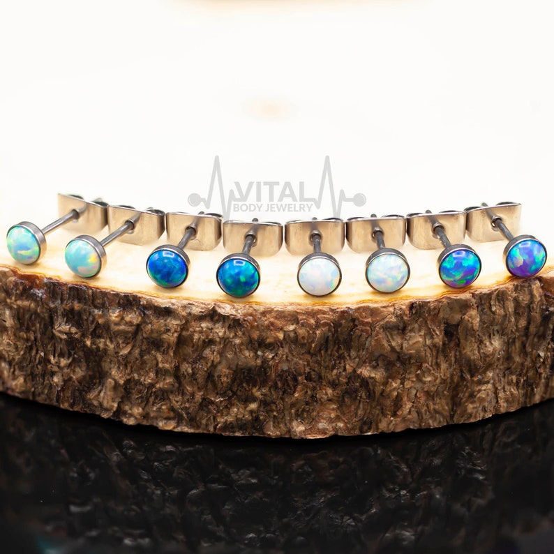 Pair of Titanium Opal Stud Earrings, White, Aqua and Purple Colors - Vital Body Jewelry 