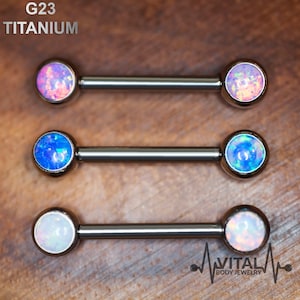 14G Pair of Titanium Nipple Barbells, 5mm Opal Ends, Internally Threaded Vital Body Jewelry