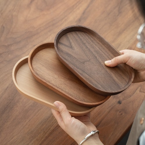 Personalized Handmade Wooden Tray, Wooden Small Plate, Mini Acacia, Beech, Walnut Serving Tray, for Tea Time, Coffee, Kitchen, Store, etc.