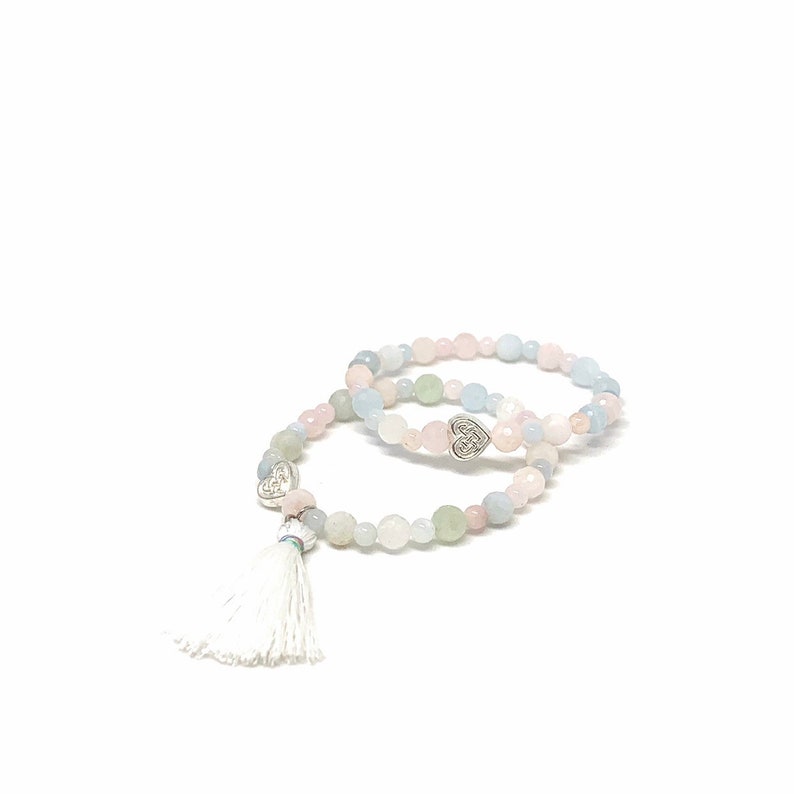 Designer exclusive unique jewelry. Beryl AAA beads elastic bracelet with silk tassel and heart matte bead