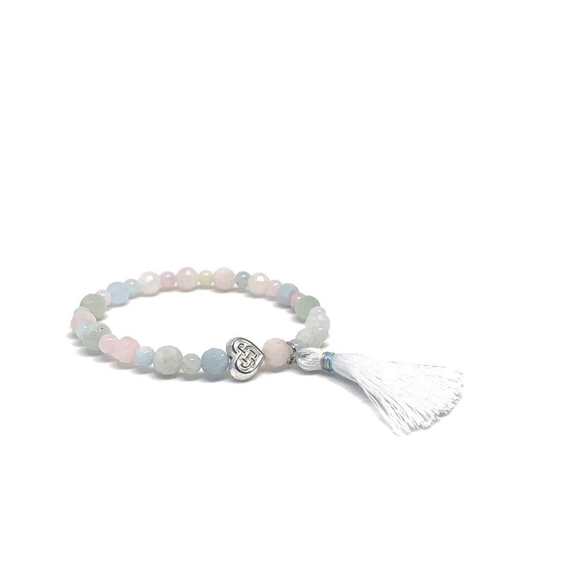 Designer exclusive unique jewelry. Beryl AAA beads elastic bracelet with silk tassel and heart matte bead
