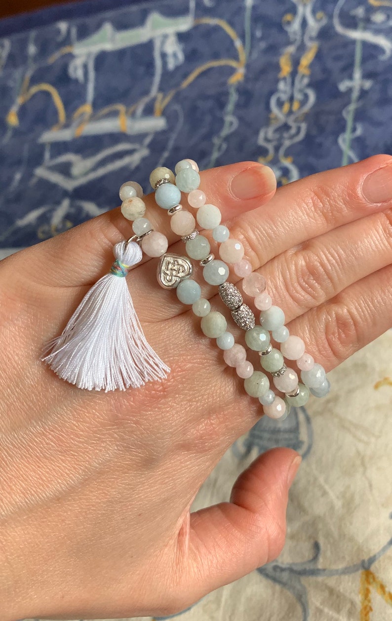 Designer exclusive unique jewelry. Beryl AAA beads elastic bracelet with silk tassel and heart matte bead